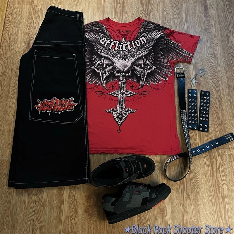 Harajuku Wexwear Suit Graphic Embroidered Vintage Y2K Jeans tracksuit t shirt for men Streetwear Black Skateboard Pants 240904