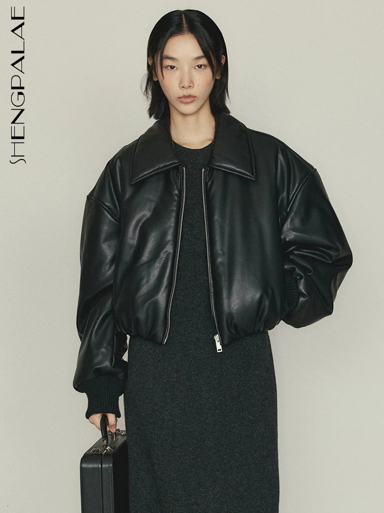 SHENGPALAE Women's Fashion 2024 Autumn Winter New Clothes Solid Color Leather Thicken Warm Female Short Cotton Jacket 5C1437