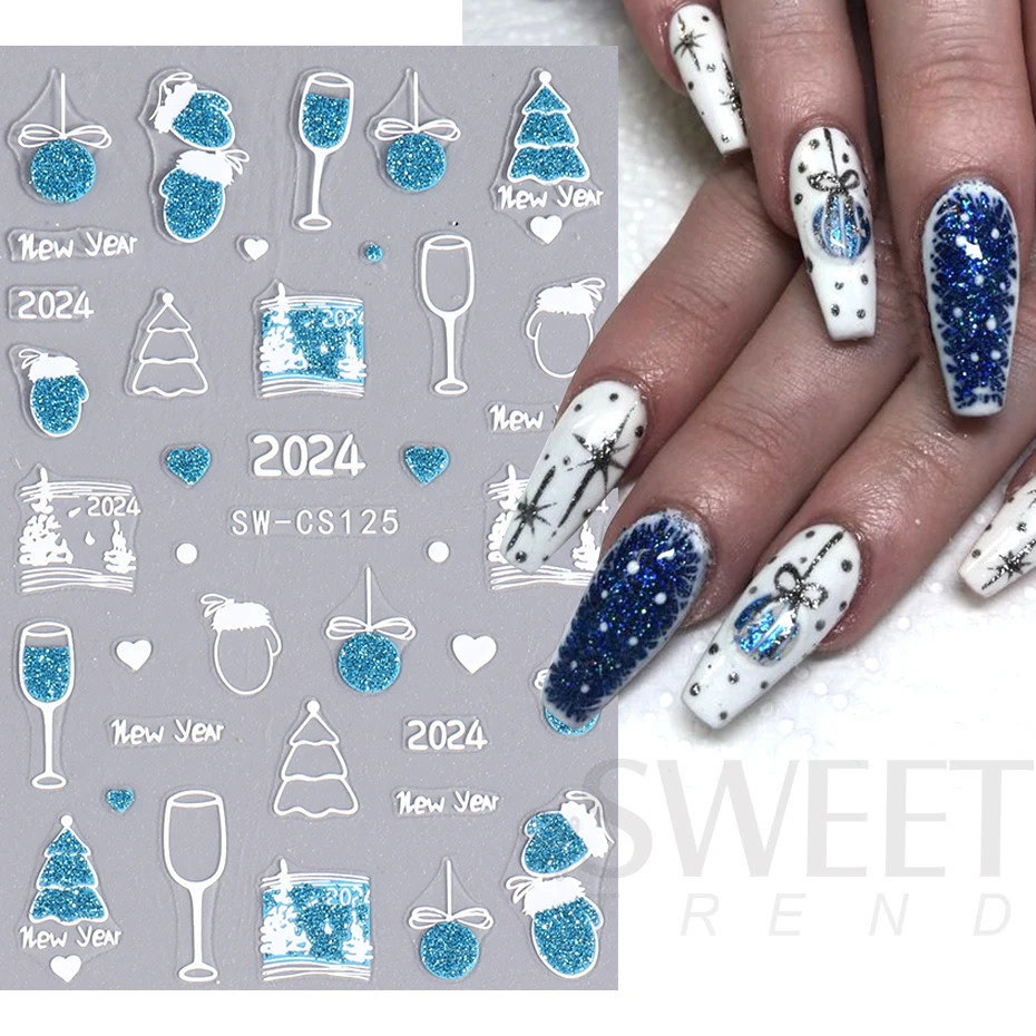 3D Blue Gold Sparkling Christmas Nail Art Stickers Snowflake Star Bow Clock Wine Glass Gifts Winter Christmas Year French Handmade Tips 241008