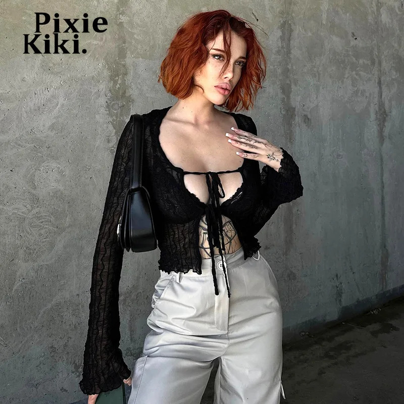 PixieKiki See Through Mesh White Black Tops Y2k Clothing Tie Front Cropped Cardigan Long Sleeve Shirts Women Spring 2024 P85BH12 241010