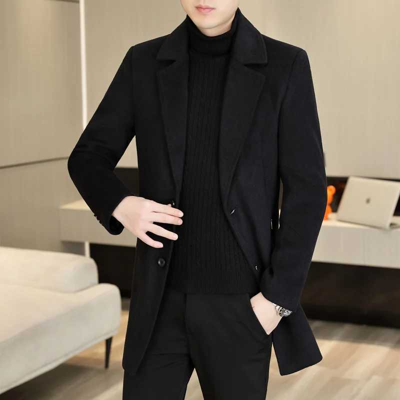Korean Fashion Woolen Coat Men 2023 Winter Solid Color Long Casual Business Trench Coat Slim Fit Windproof Office Social Jacket LX241010