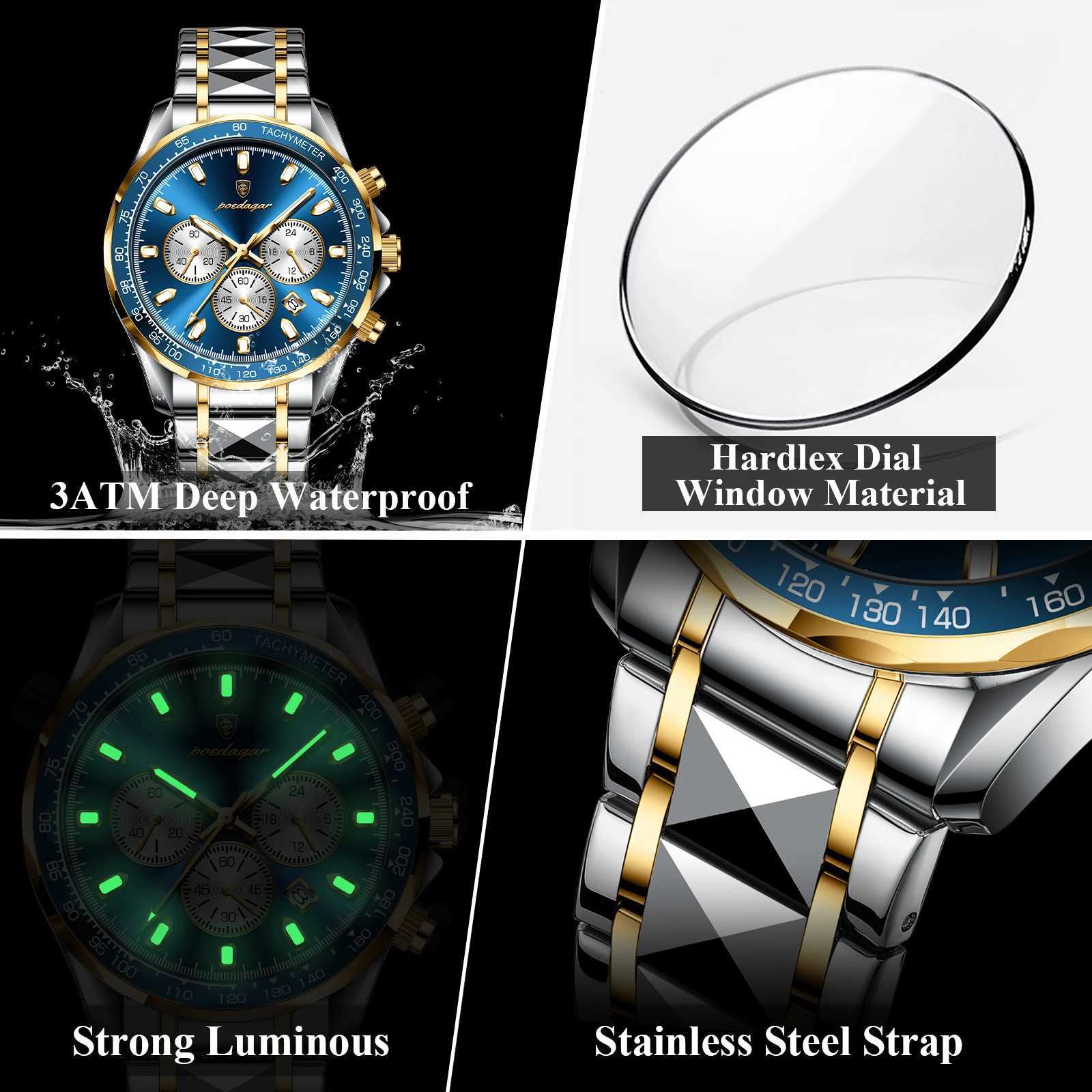 POEDAGAR Luxury Sports Men Watch Waterproof Luminous Date Chronograph Man Wristwatch Stainless Steel Casual Quartz Mens WatchesX241010