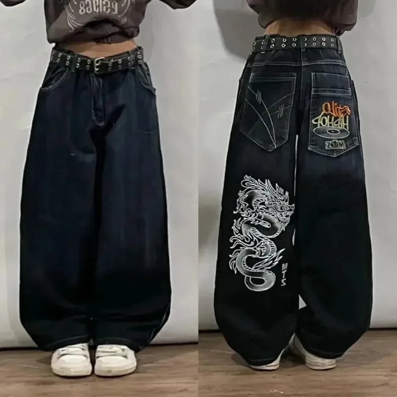 Y2K Harajuku Fashion Pattern Printed Bag Jeans Womens Street Retro Casual Clown Gothic High Waist Wide Leg Pants 240930