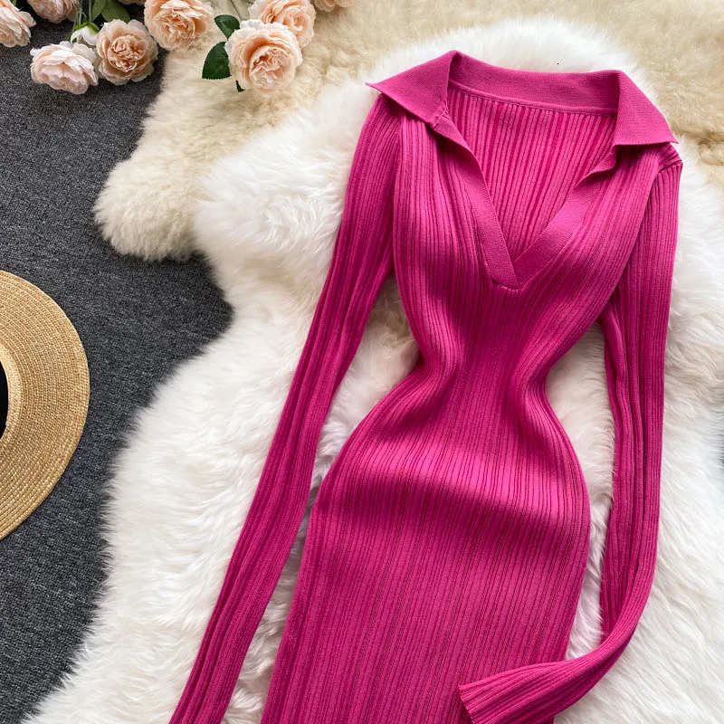 YuooMuoo Autumn Winter Knit Rib Wrap Midi Pencil Dress for Women Streetwear Korean Long Sleeve Bodycon Split Sweater Party Dress 241010