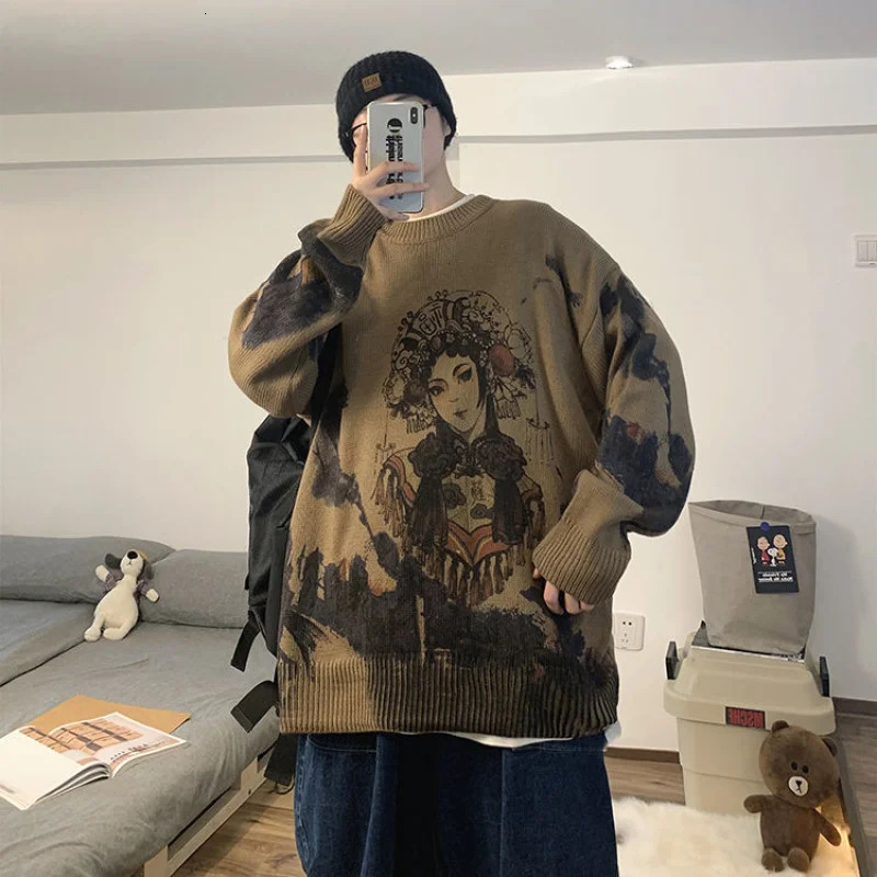 2023 Spring and Autumn Chinese Style Thread Round Neck Printed Loose Casual Versatile Fashion Mens Knitted Pullover Sweater 240930
