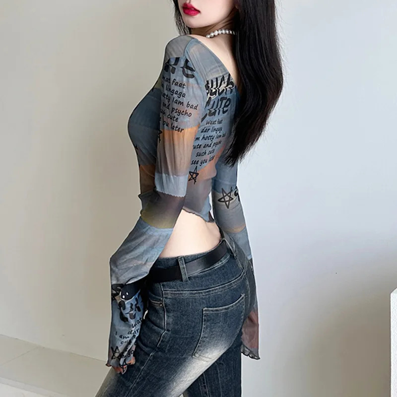 Y2K Gyaru Style Color-blocked Gradient Letter Print Long Sleeve T-Shirt Asymmetric Off-shoulder Mesh Base Layer Top for Women 241010