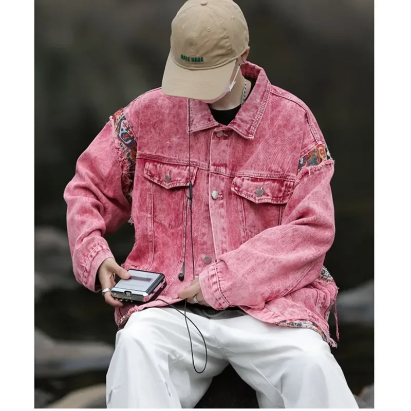 Fashion denim jacket for men and women Hong Kong style spring and autumn sexy red unique edge workwear jacket 241007