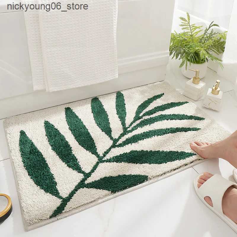Non-Slip Bath Mats QNBHR Green Leaves Flocking Bath Mat Non-slip Absorbent Microfiber Bathroom Rug Home Entrance Door Mat Super Soft Bath Carpet L2409
