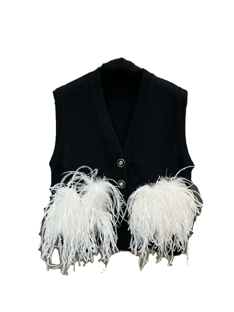 DEAT Fashion Women's Spliced Feather Knitted Vest 2023 Winter New V-Neck Sleeveless Single Breasted Waistcoat Female 11Xx7223