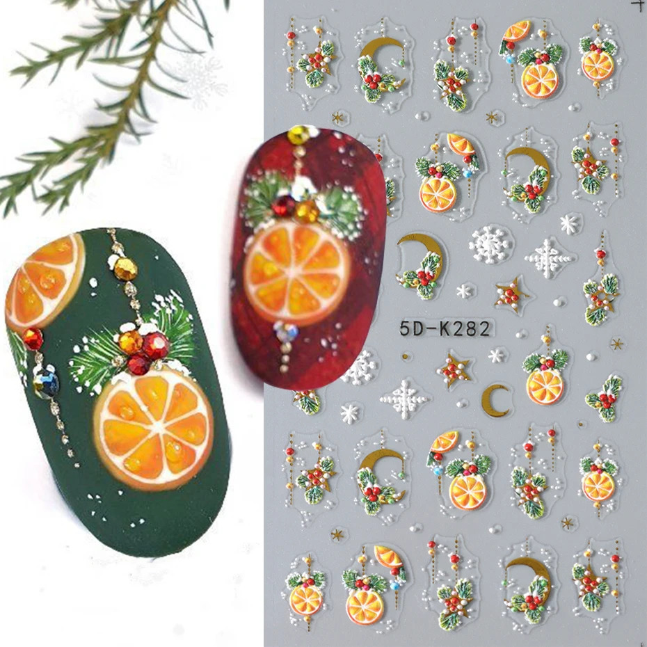 5D Holly Orange Christmas Nail Stickers Winter Snowflake Moon Cartoon Santa Claus Elk Year Nail Stickers Decoration 241008