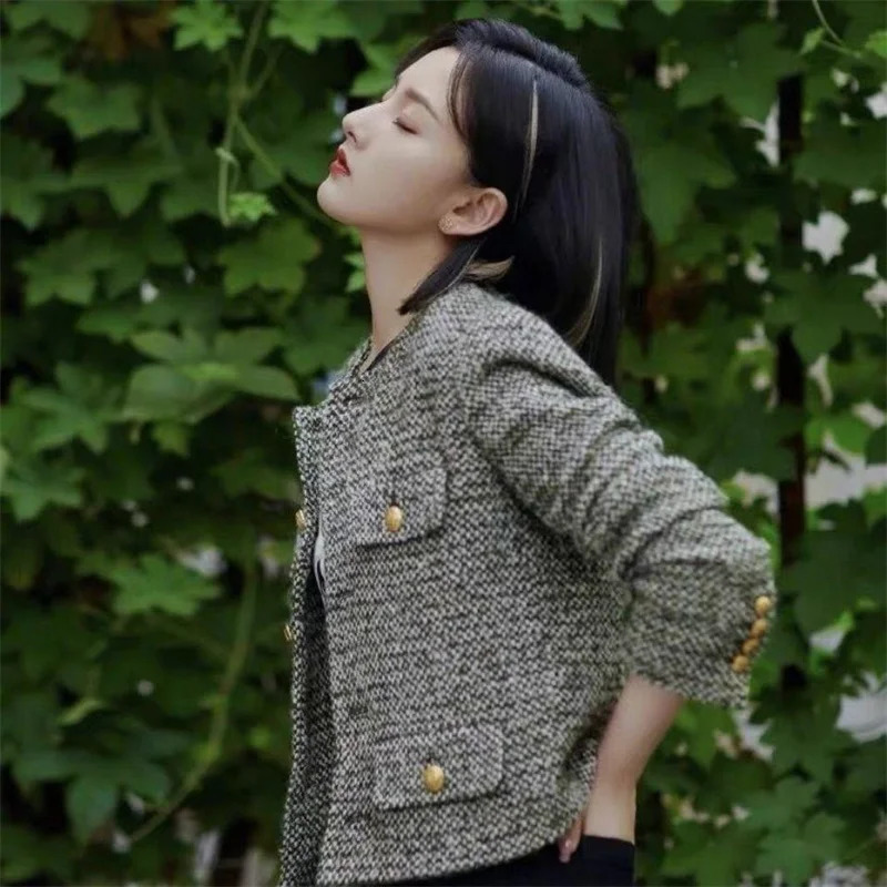 Womens tweed small perfume jacket single breasted jacket womens wool coat womens pocket coat black 240930