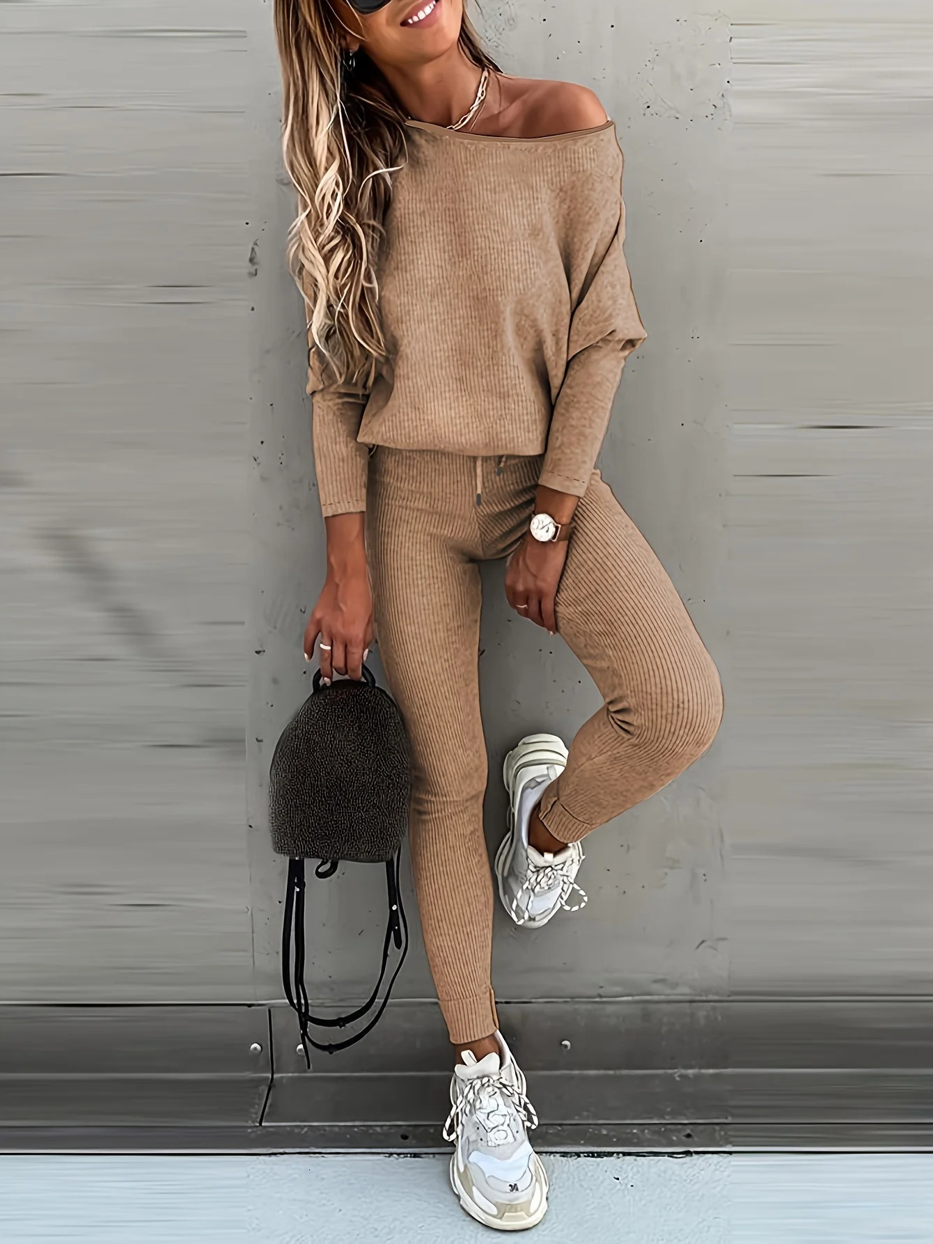 2024 Upgrade materials Casual Solid Sports Two-piece Set With Slanted Shoulder Long Sleeve Hoodies Tied Striped Pants Set 241010