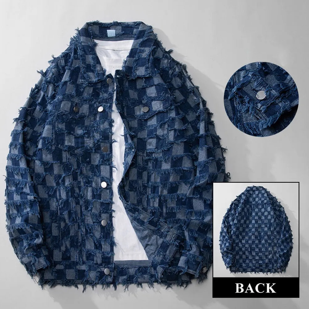 Spring and autumn vintage blue checkered denim jacket pure cotton Jaqueta jeans street loose Chaquetas Hombre mens 241007