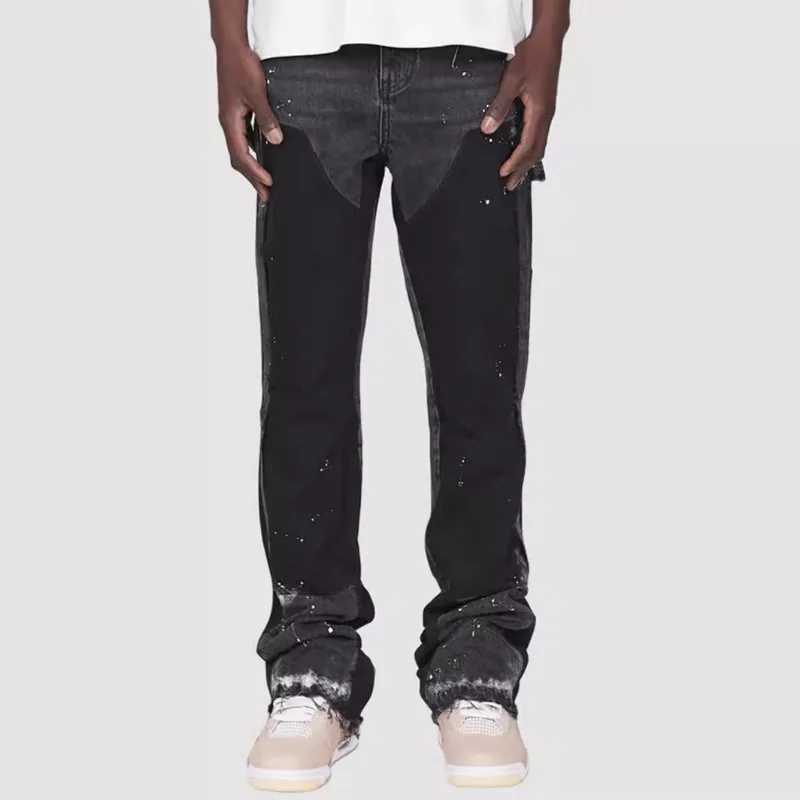 Y2k Jeans Men Painting Patch Baggy Stacked Jeans 2024 Fashion Work Wear Popular Stretch Patch Denim Stacked Flare Jeans PantsX241009