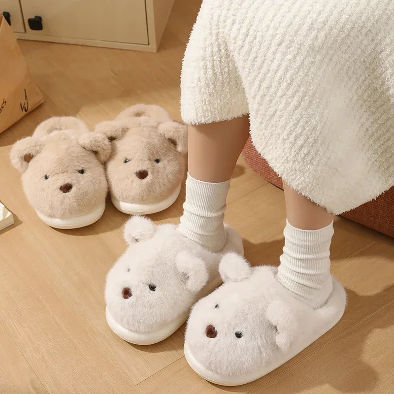 Womens warm winter cute bear slippers mens casual home plush slippers couple comfortable anti slip outdoor cartoon shoes 241007