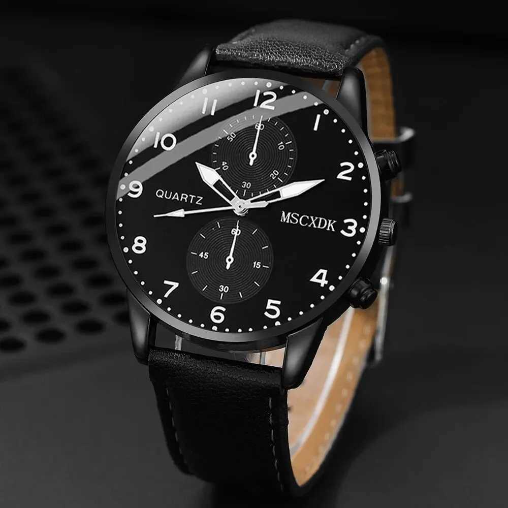 2pcs Black Round Quartz Watch With Leather Bracelet Men Business Watch Fashion Casual For Daily SportsX241010