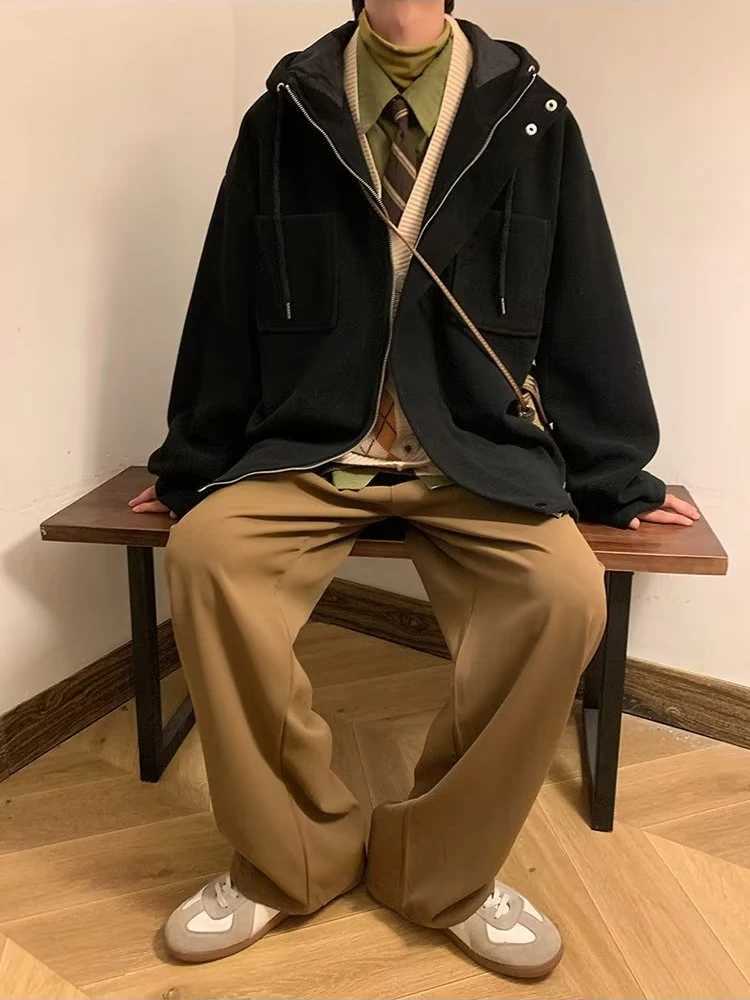 Blends Men Casual Loose Multi Pockets Spring Autumn Hooded Coat High Street Coats Korean Style Male Advanced Handsome Fashion LX241010