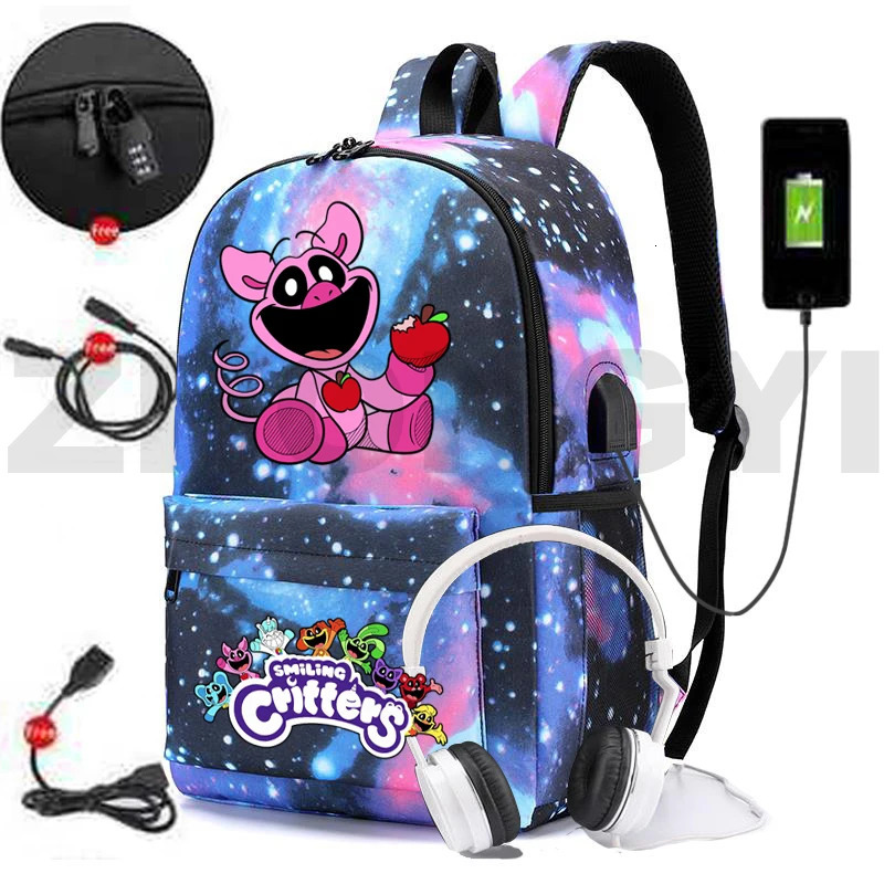 Anti-theft Smiling Critters Waterproof Backpack Men Travel Sport Bags Kids Cartoon Cute Schoolbags USB Charging Nylon Bookbag 241008