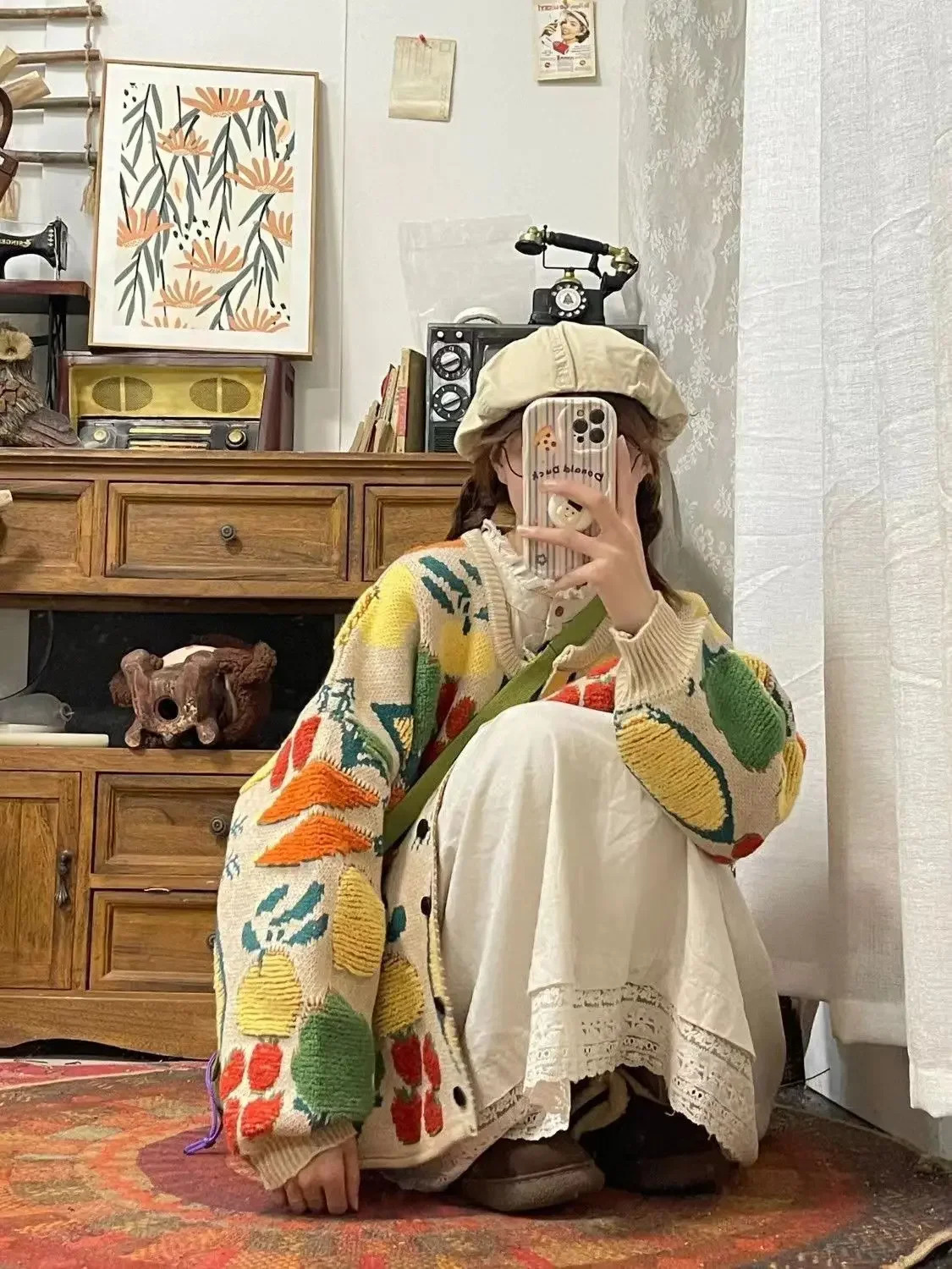 Heavy industrial jacquard sweater womens clothing spring and summer style lazy retro loose casual knitted cardigan top 241007