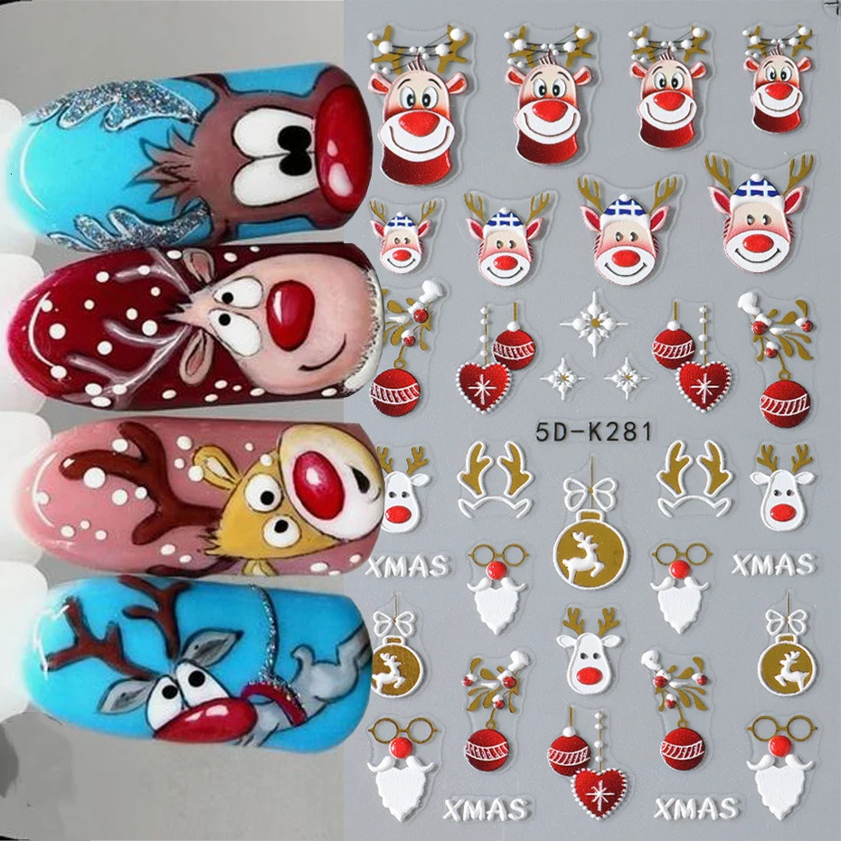 5D Holly Orange Christmas Nail Stickers Winter Snowflake Moon Cartoon Santa Claus Elk Year Nail Stickers Decoration 241008