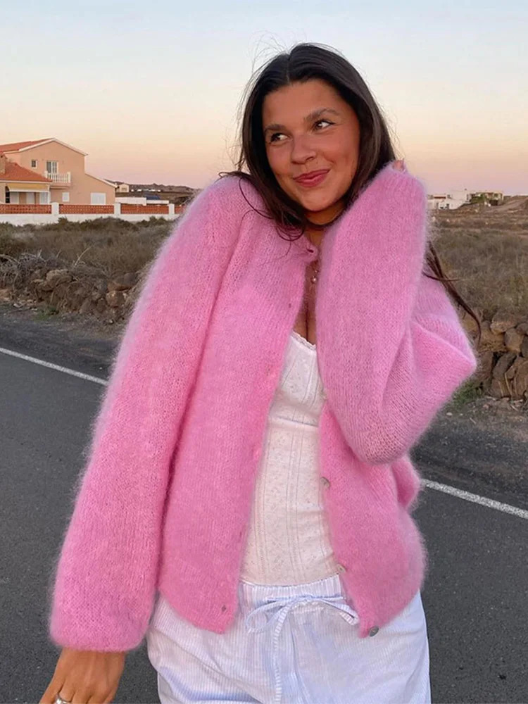 Women Sweet Elegant Mohair Knitted Cardigans Chic O Neck Single Breasted Long Sleeves Sweater 2024 Autumn Female Fashion Jumpers 241007