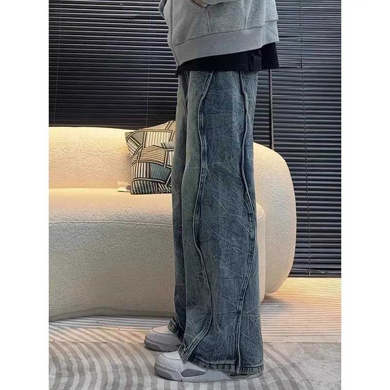 American style trendy and personalized straight leg washed denim pants for men and women hip-hop loose and wide leg casual pantsX241009