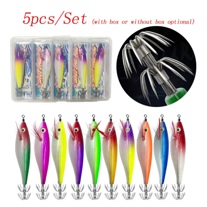 5pcsSet 10g10cm Luminous Horizontal Squid Jig Wood Shrimp Squid Hook Fishing Lures Octopus Cuttlefish Shrimp Saltwater Baits 241010