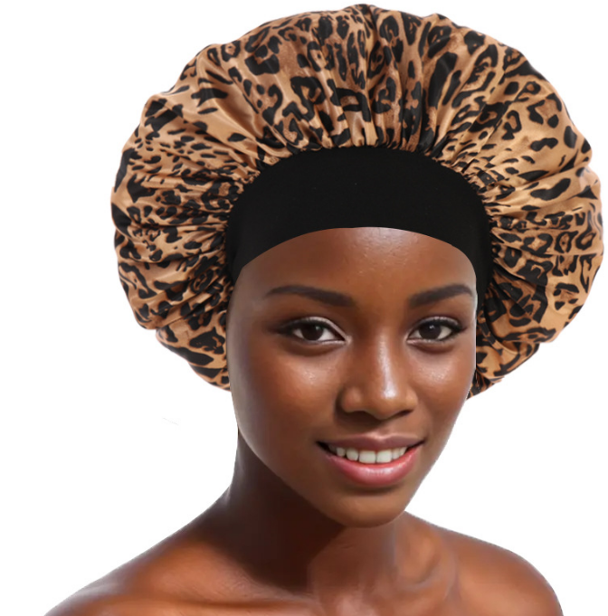Women Wide Stretch Silk Satin Leopard Print Bandana Night Sleeping Turban Hat Headwrap Bonnet Chemo Cap Hair Accessorie