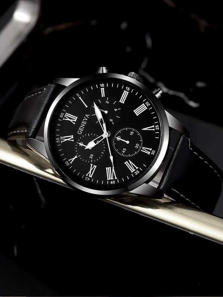 3PCs Fashion Business Casual Mens Belt Quartz Watch with PU Leather Woven Bracelet Necklace Combination SetX241010