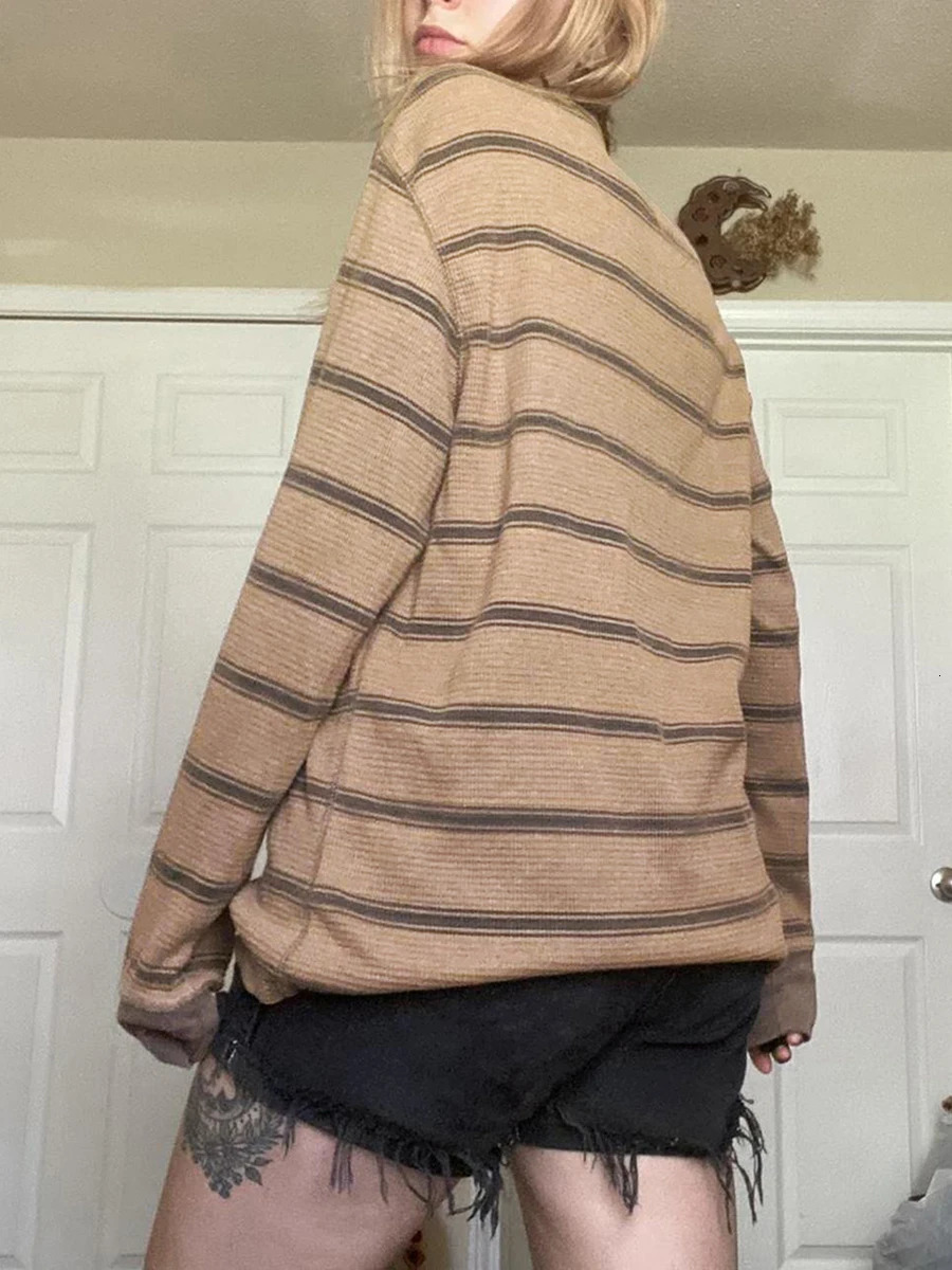 Women Fairy Grunge Knit Basic Shirt Autumn Y2K Grey Black Striped Long Sleeve Round Neck Tops Emo Tee 241010