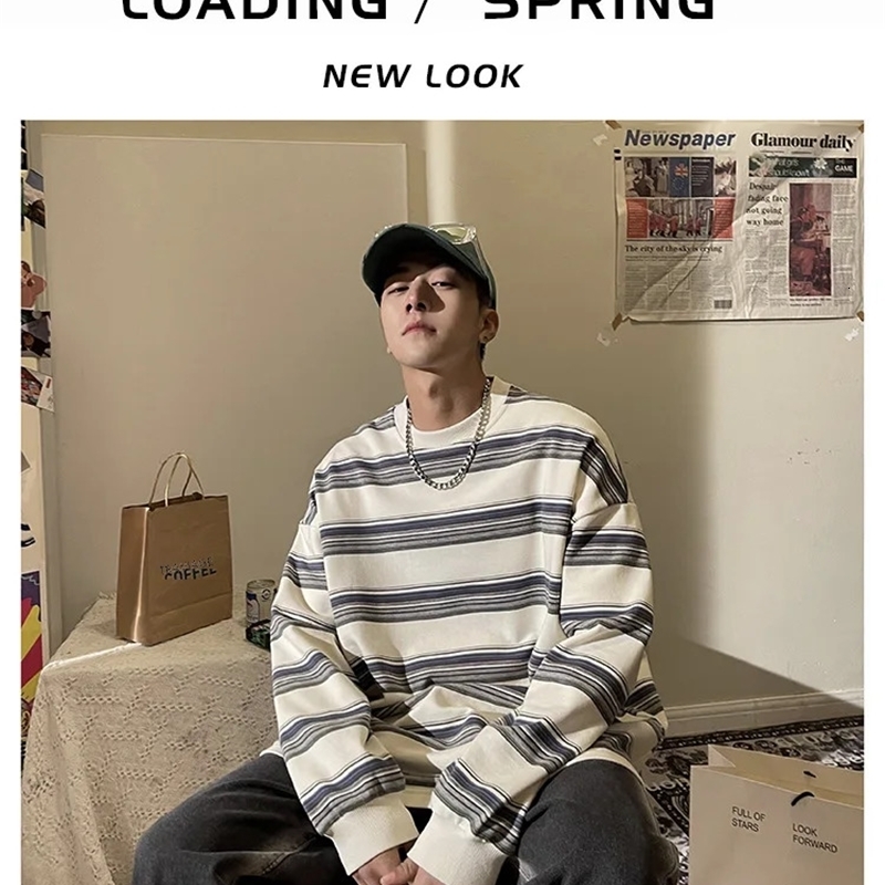 Hong Kong Style Striped Tshirt Loose Round Neck Spring Autumn n Few Lazy Top Men Casual Long Sleeve Shirt 241009