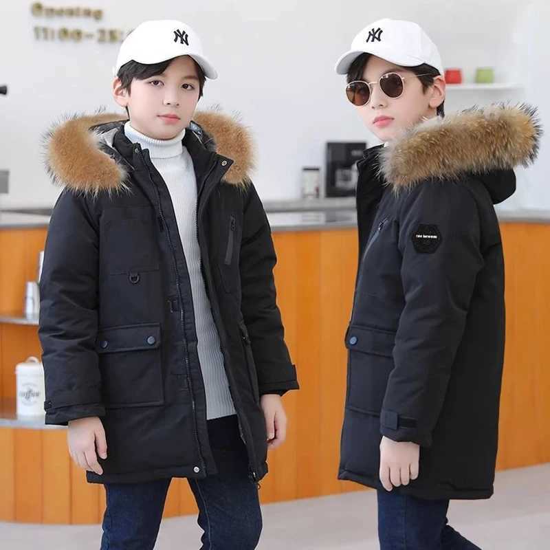 Down Coat 5-12 New Winter Boys Thick Coat Keep Warm and Fashionable Fur Collar Jacket Hooded Zipper Boys Coat Childrens Clothing H241010