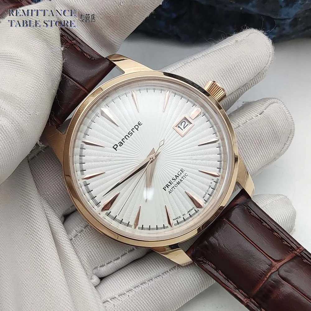 Parnsrpe Mens Mechanical Watch NH35 Movement Vintage Round Rose Gold Case Premium Leather Strap 40mm Mens WatchX241010