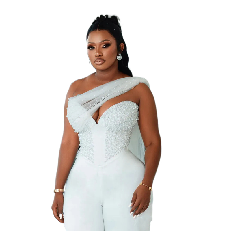 Elegant Ivory One Shoulder Wedding Jumpsuits Bridal Reception Dress Pearls Beaded Sweetheart Corset Long Formal Events Gown For Women