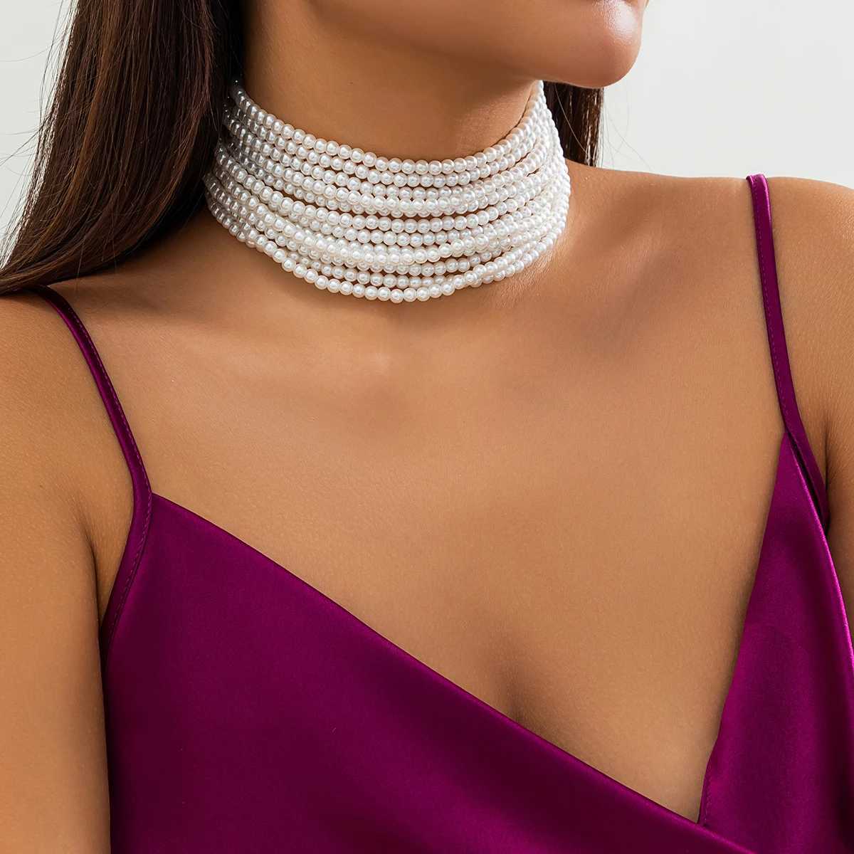 Layered Pearl Beads Chain Short Choker Necklace for Women Exaggerated Beaded Collar on the Neck 2023 Fashion Jewelry AccessoriesX241009