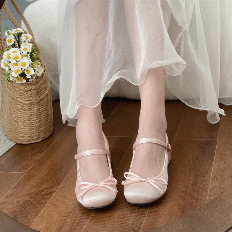 Spring Autumn Thick Heel Pink Shoes Elegant Bow Lolita Shoes College High Heels Fashion Womens Sandals 241007