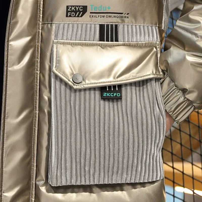 Men's Down Parkas Winter New Men Mid-Length Down Cotton-Padded Jacket Mid-Length Trendy Bright Leather Hooded Parka Male Casual Large Size Outwea