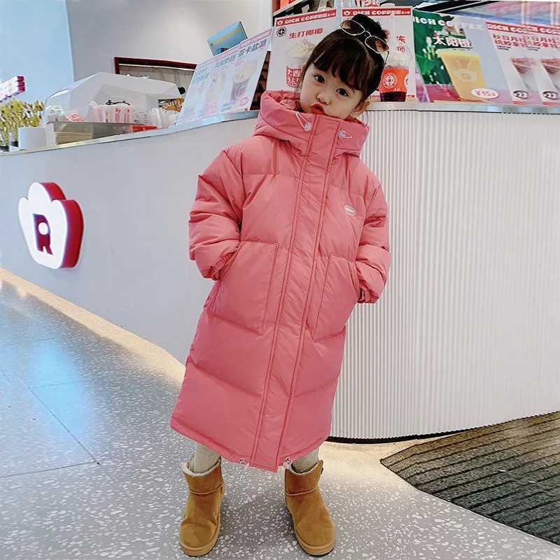 Down Coat 3-12 Winter Girls Down Jacket Long Solid Color Fashion Parka Coat Hooded Zipper Coat Birthday Gift Clothing H241010