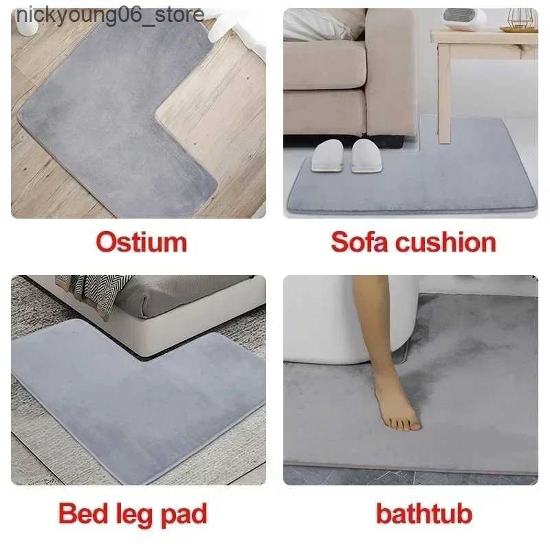 Non-Slip Bath Mats 1PC Solid Color Coral Fleece L-Shaped Bathroom Corner Mat Non-slip Entry Doorway Floor Rug Water Absorbent Kitchen Floor Carpet L24