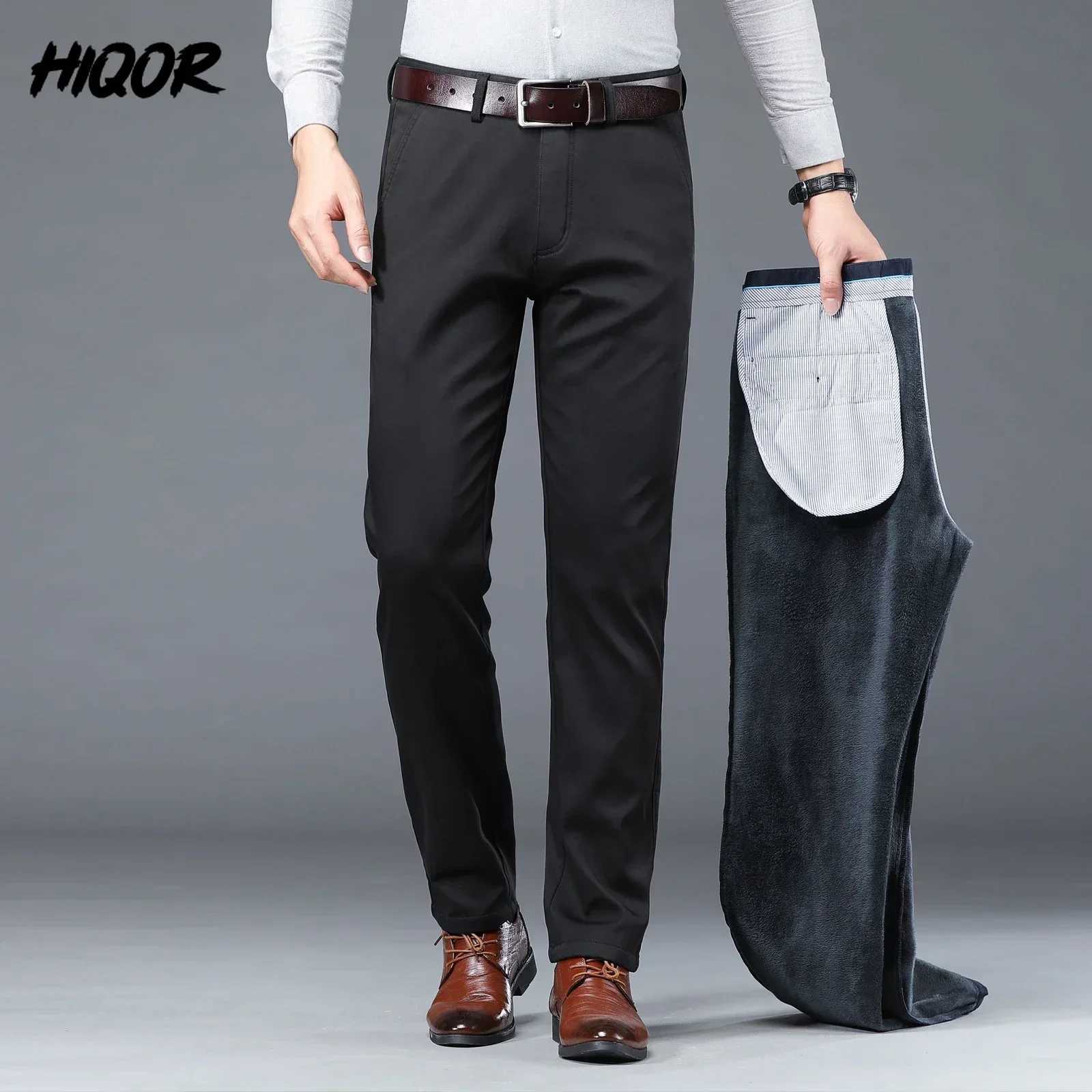 HIQOR Winter Wool Mens Casual Pants Elastic Solid Business Straight Pants Office Set Pants Autumn Pocket Pants Ropa Hombre W241009