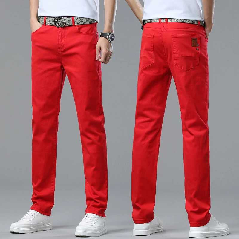 Mens Yellow Red Jeans Brand Jeans Cotton Stretch Slim Straight Casual Denim Pants Fashion Work Denim Trousers Four SeasonX241009