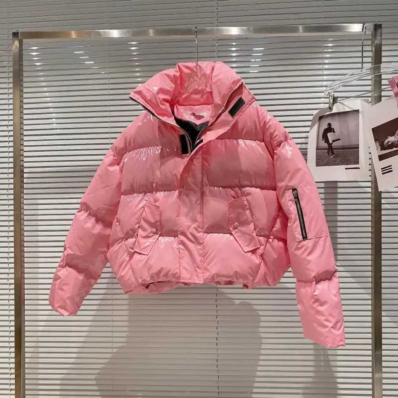 Men's Down Parkas Ultra fine short padded jacket womens stand up collar bread jacket winter warm thick clothing patented leather cardigan wool sw