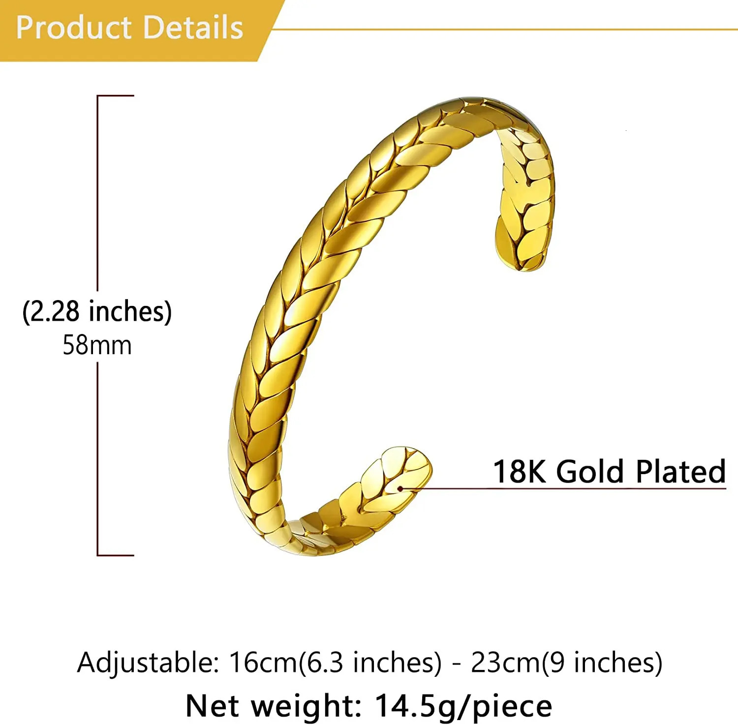 U7 Cuff Bracelet Adjustable Wheat Style 7.7mm Wide Gold Twisted Open Bracelet Suitable for Women Adjustable 240929