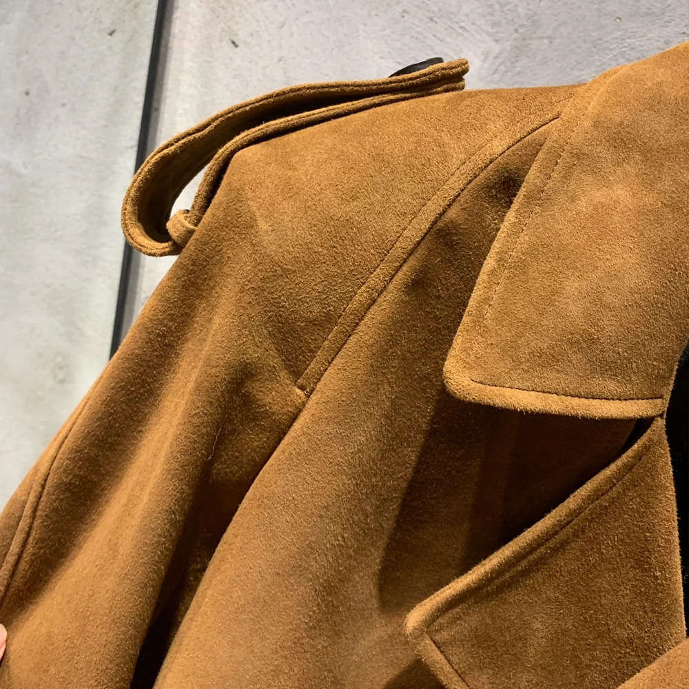 Suede leather jacket womens winter genuine sheepskin coat with wide shoulders and apron 23012 241009