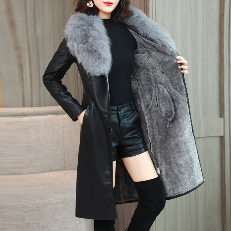 PU Leather Fur Collar Winter Coat Women Solid Adjustable Waist Mid-Length Slim Jacket 2023 New Fashion Lady Casual Warm Outwear