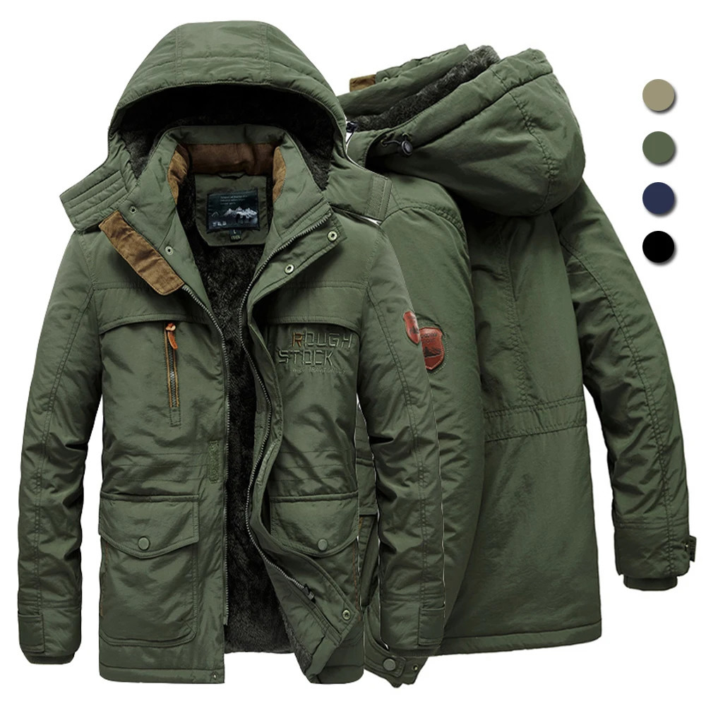 Large size multi pocket mens winter jacket with wool lining outdoor park jacket hooded windproof military thick warm jacket 241007