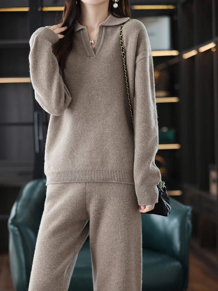 cashmere set womens collar Korean version high-end casual sweater wide leg pants wool knitted two-piece set 240927