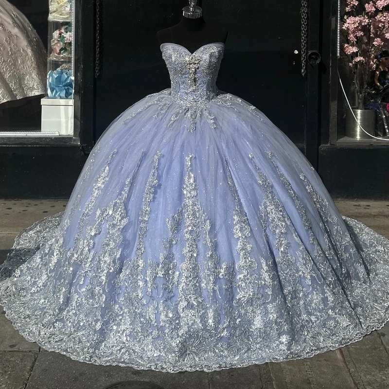 Lilac Shiny Off the Shoulder Princess Quinceanera Dresses Sequin Appliquer Lace Beads Corset Ball Gown Party Prom Dress Vestido 15 Anos