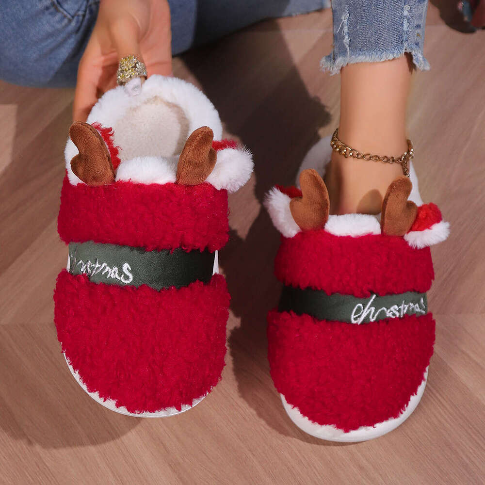 Women Shoes Christmas Reindeer Cotton Slippers Home Cotton Slippers Wear Resistant Anti Slip Warm Shoes Thick Velvet Slippers Red Winter Shoes High Qu