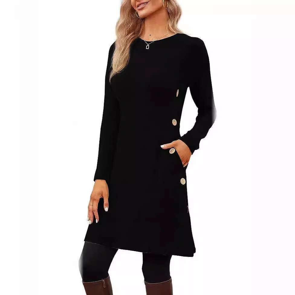 2024 long sleeved low round neck button up side dress with pockets womens clothing